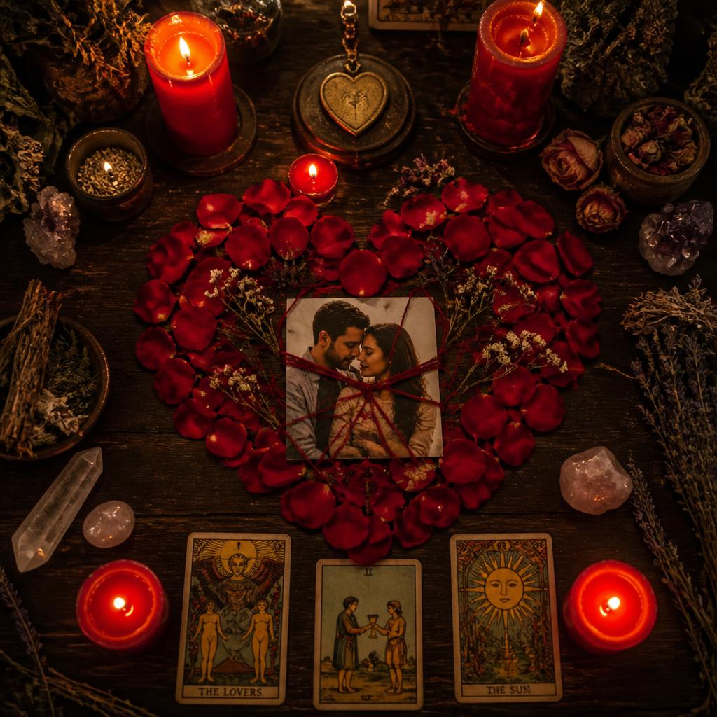 Altar de ritual de amor com velas vermelhas e pétalas de rosa